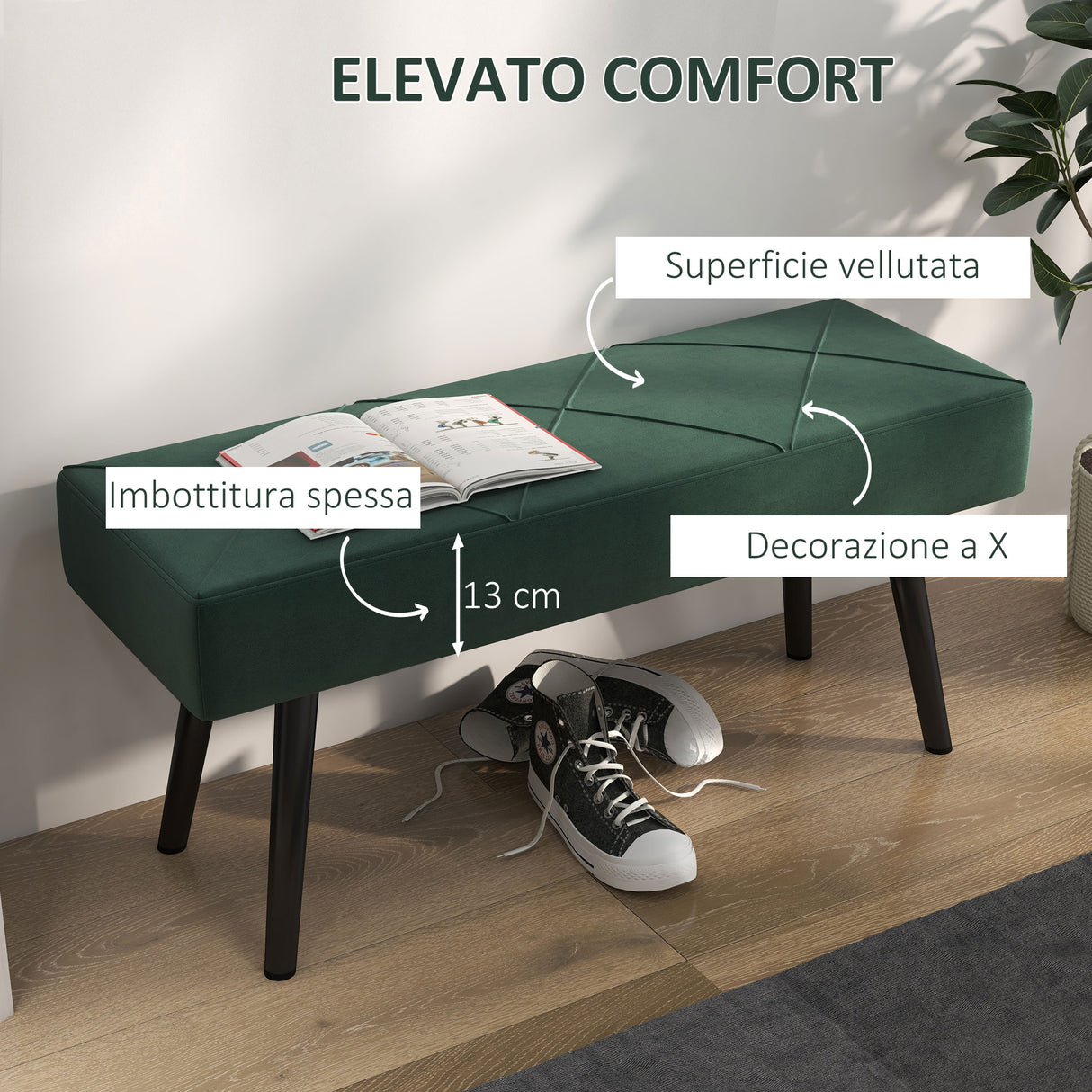 easycomfort easycomfort panca imbottita fondoletto in tessuto effetto velluto e acciaio 100x36x45 cm verde e nero