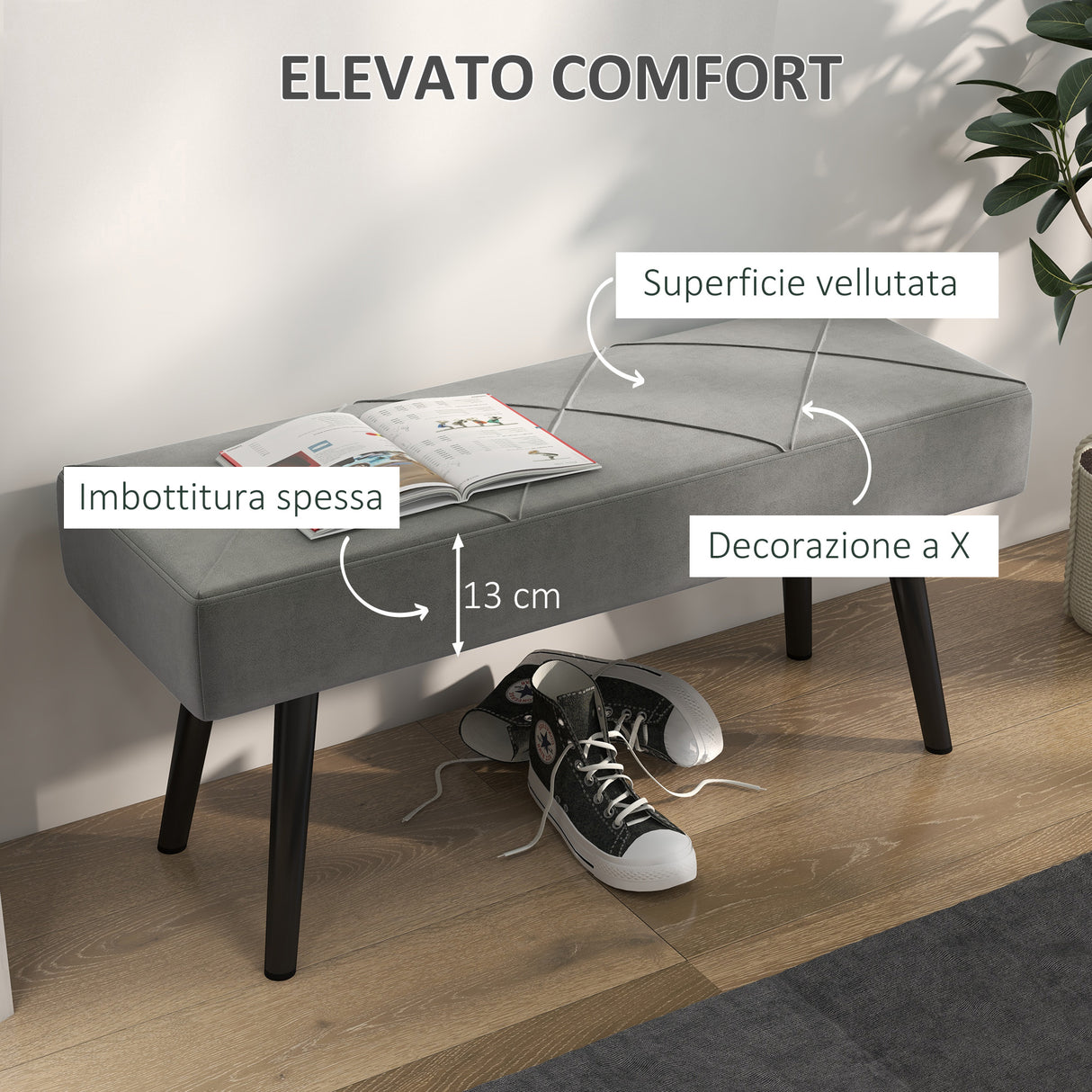 easycomfort easycomfort panca imbottita fondoletto in velluto con gambe in acciaio 100x36x45cm grigio