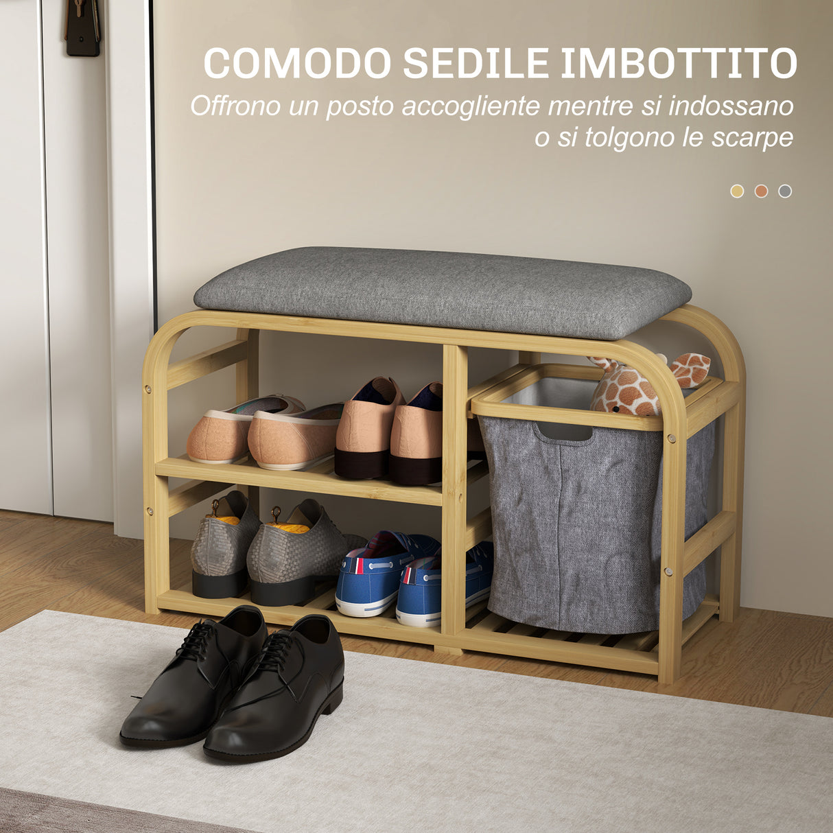 easycomfort easycomfort panca scarpiera da ingresso con seduta imbottita design a doghe e cestino estraibile 70x30x45 cm legno