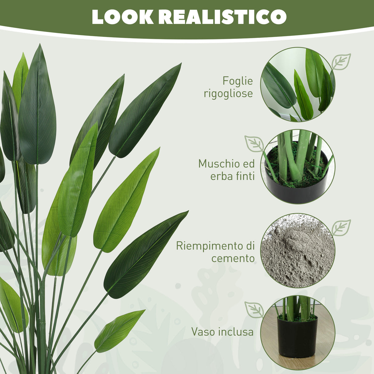 easycomfort easycomfort pianta artificiale verde di uccello del paradiso da 20 foglie di 140 cm con vaso in pe peva e pp