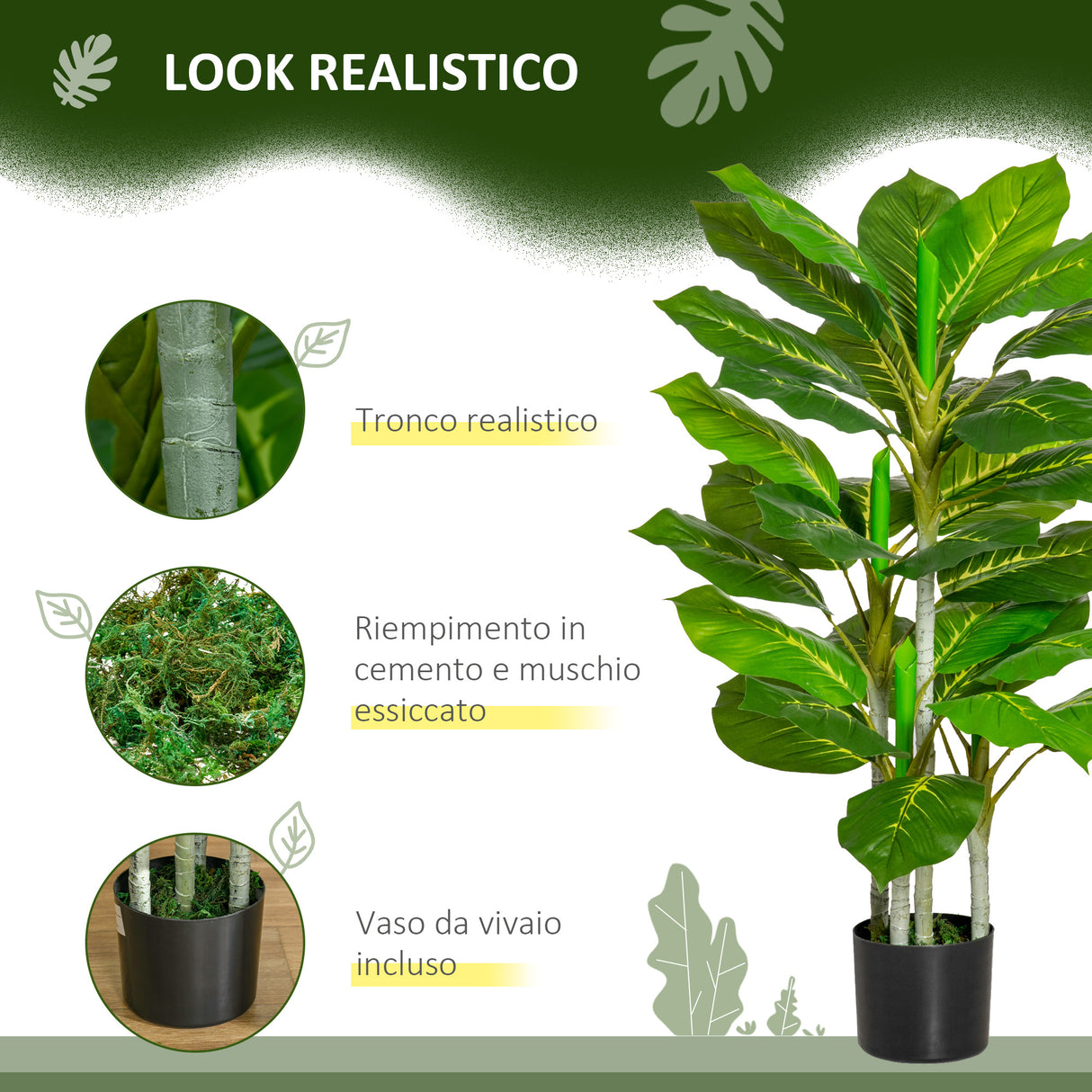 easycomfort easycomfort pianta verde artificiale da 95 cm e 33 foglie con vaso nero 15x13 cm in peva pe e cemento