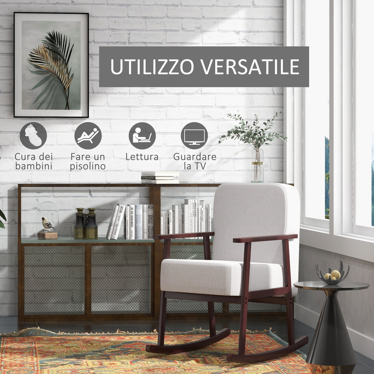 easycomfort easycomfort poltrona a dondolo in tessuto effetto lino e legno con braccioli e cuscini 66x78x76 cm beige e marrone