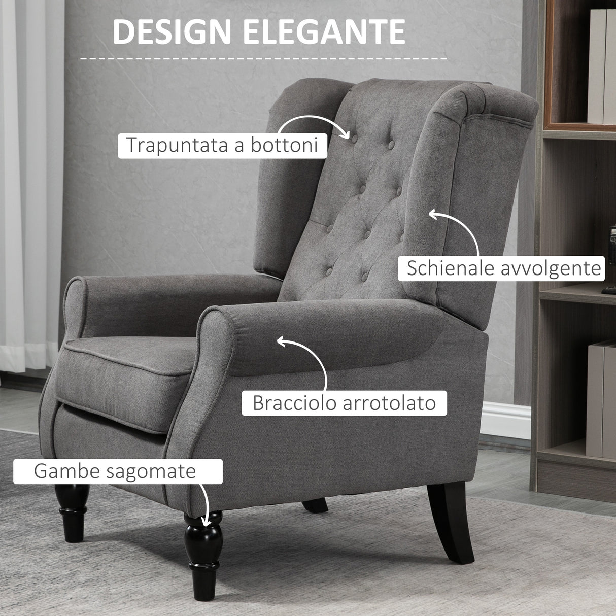 easycomfort easycomfort poltrona da salotto stile francese con gambe in legno e cuscini sfoderabili 74x86x102 cm grigio