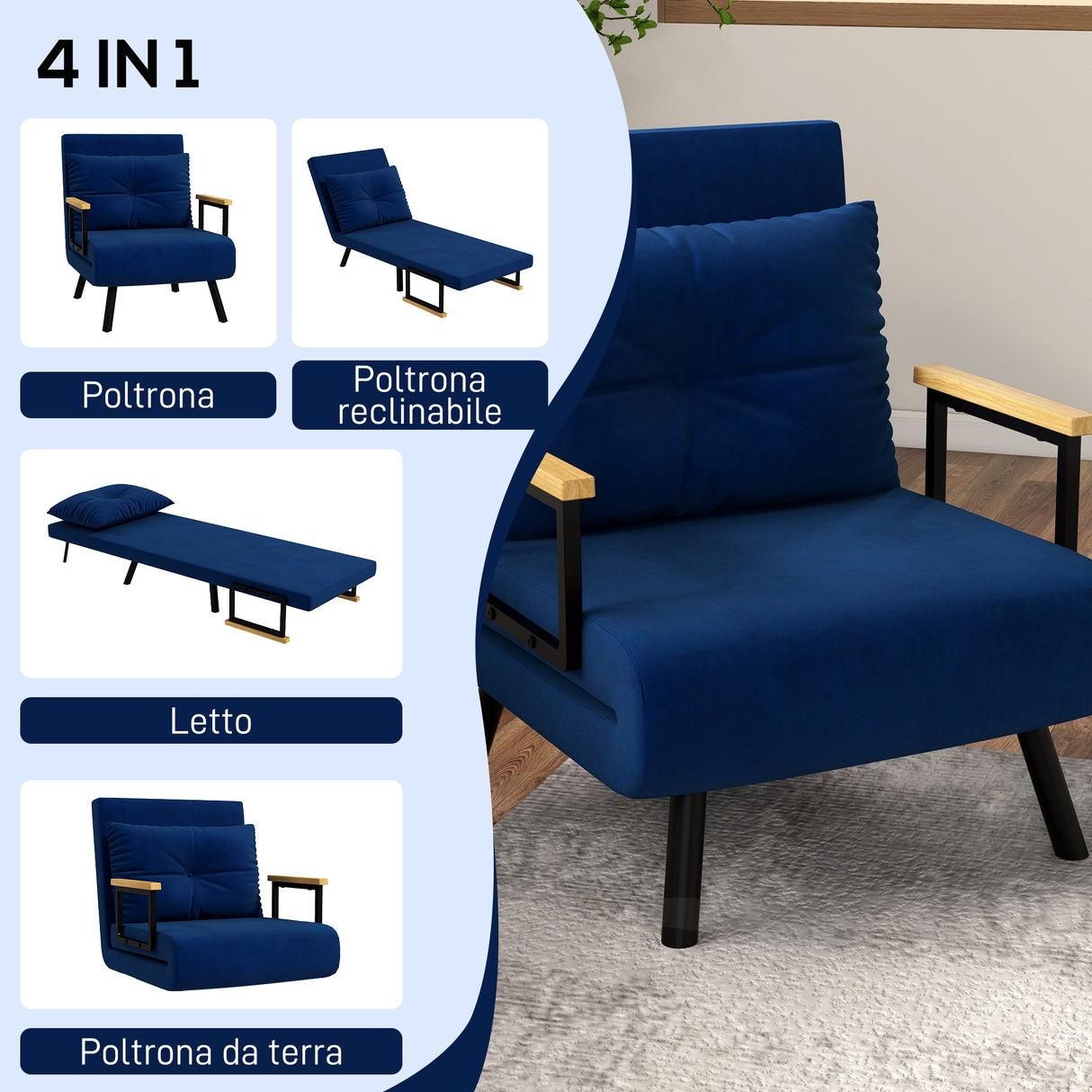 easycomfort easycomfort poltrona letto 3 in 1 con schienale reclinabile e cuscino in tessuto effetto velluto 63x73x81 cm blu