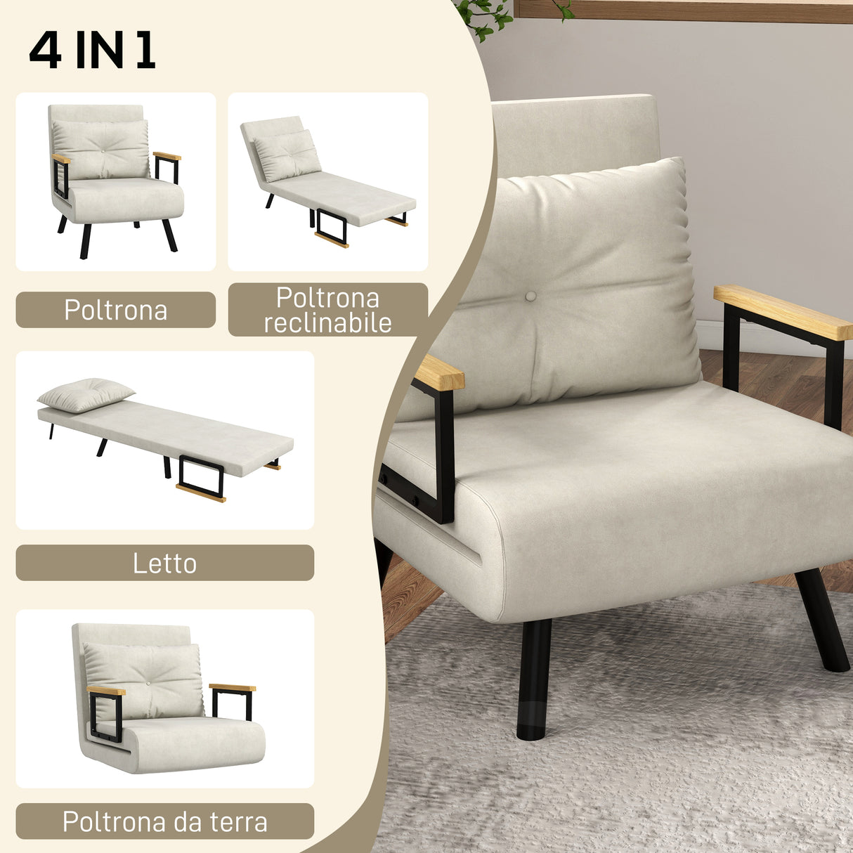 easycomfort easycomfort poltrona letto 3 in 1 con schienale reclinabile e cuscino in tessuto effetto velluto 63x73x81 cm crema