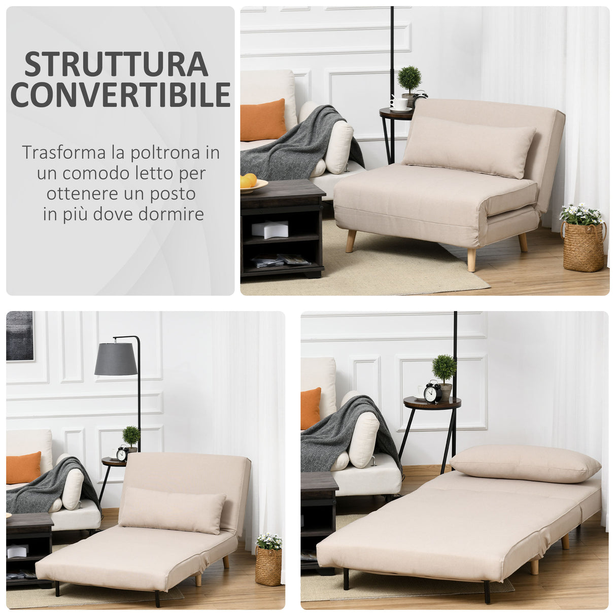 easycomfort easycomfort poltrona letto 3 in 1 con schienale reclinabile in 6 posizioni 94x78x80 cm beige