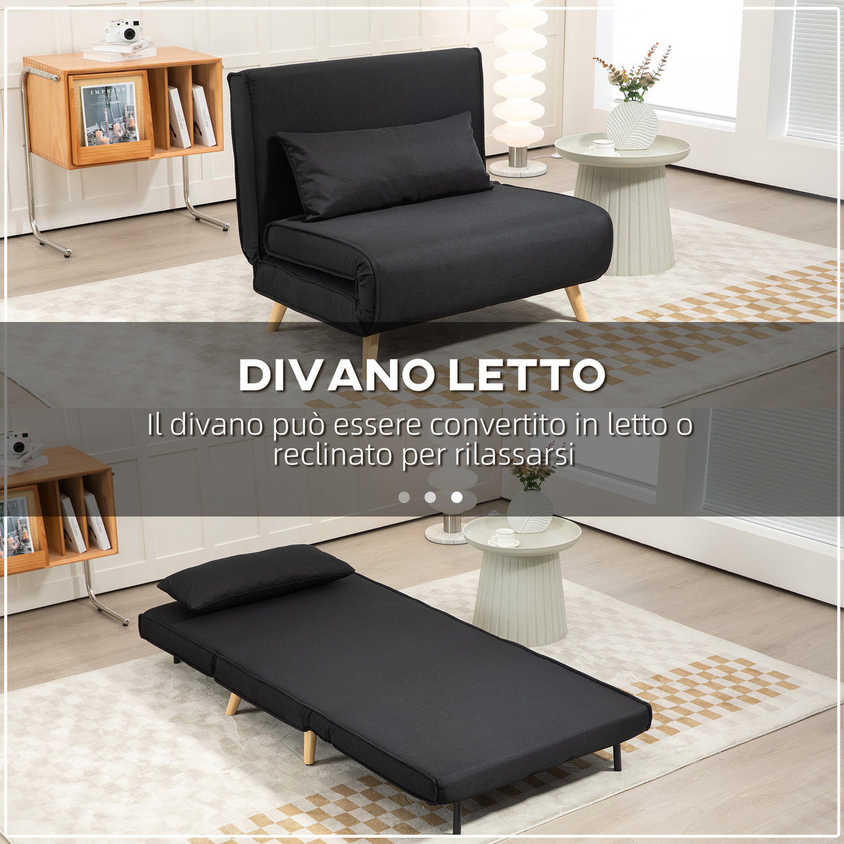 easycomfort easycomfort poltrona letto 3 in 1 con schienale reclinabile su 6 posizioni in tessuto 94x78x80 cm nero