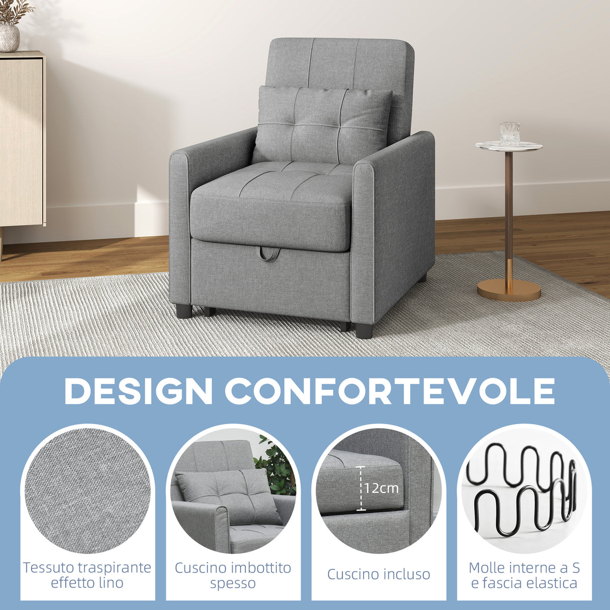 easycomfort easycomfort poltrona letto singolo reclinabile su 3 livelli con cuscino extra 69x82x85cm grigio chiaro