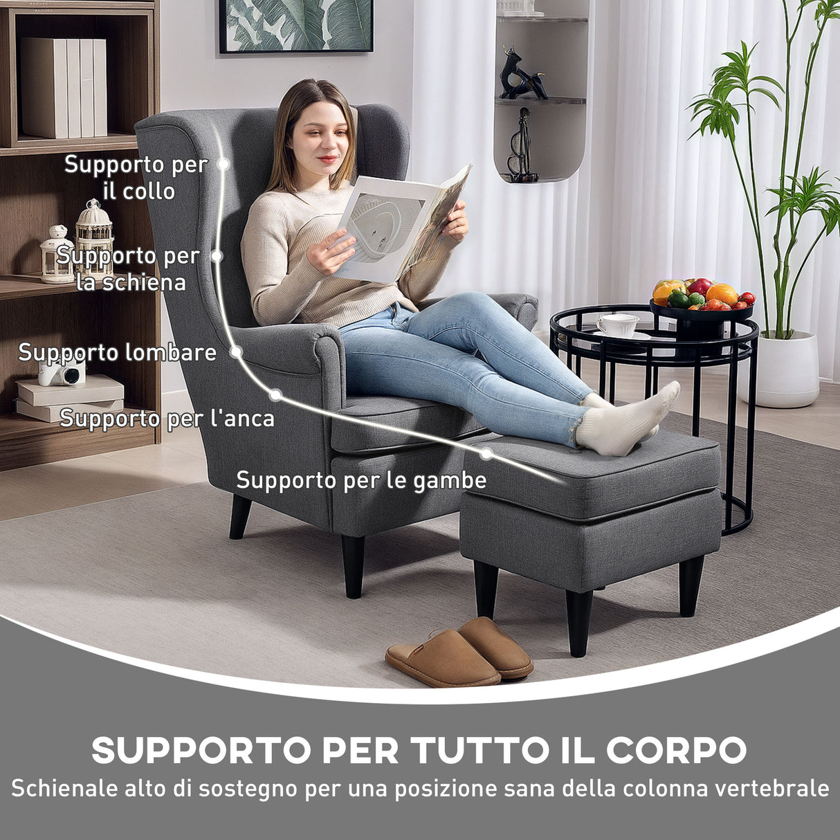 easycomfort easycomfort poltrona per salotto in tessuto con pouf poggiapiedi schienale alto e cuscino 75x83x104 cm grigio