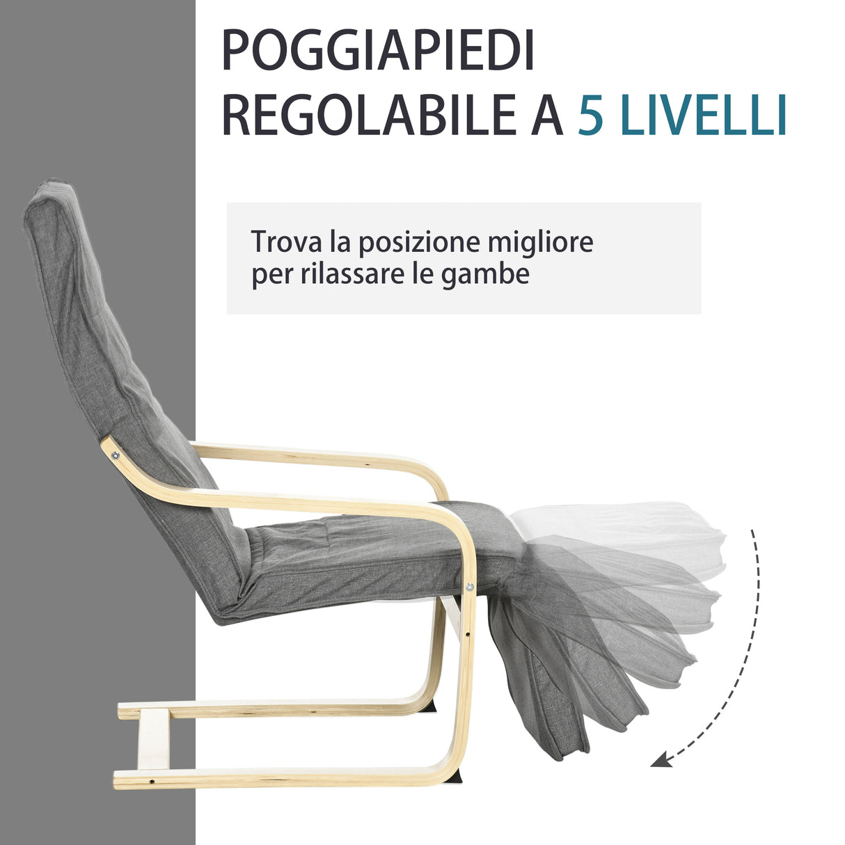 easycomfort easycomfort poltrona relax con poggiapiedi a 5 livelli e poggiatesta in legno di betulla e tessuto grigio