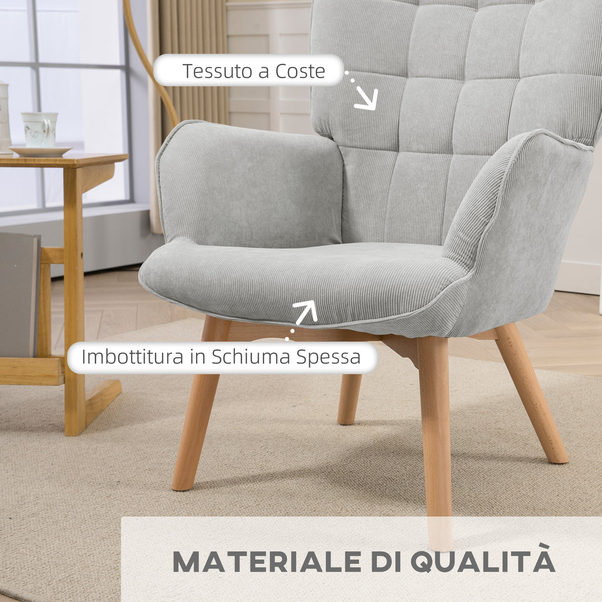 easycomfort easycomfort poltrona relax con pouf poggiapiedi in velluto a costine con schienale alto e braccioli grigio