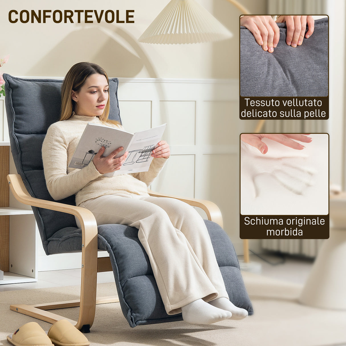 easycomfort easycomfort poltrona relax in legno con rivestimento in velluto e poggiapiedi regolabile grigio scuro