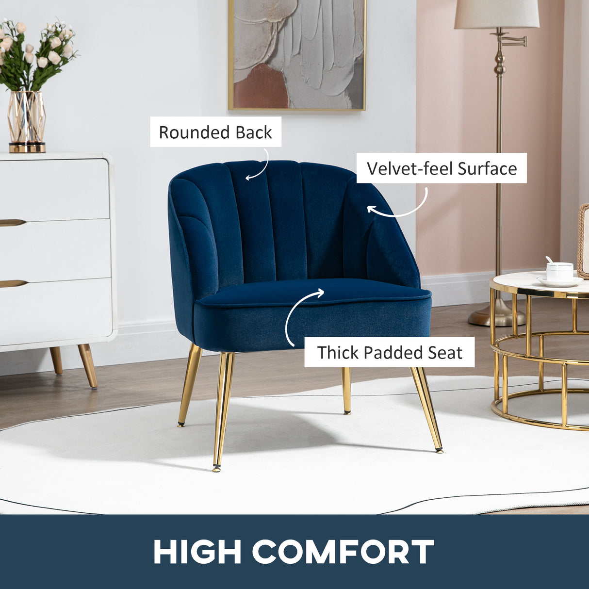 easycomfort easycomfort poltroncina da camera in velluto con gambe in acciaio dorate 65x64x77cm blu scuro