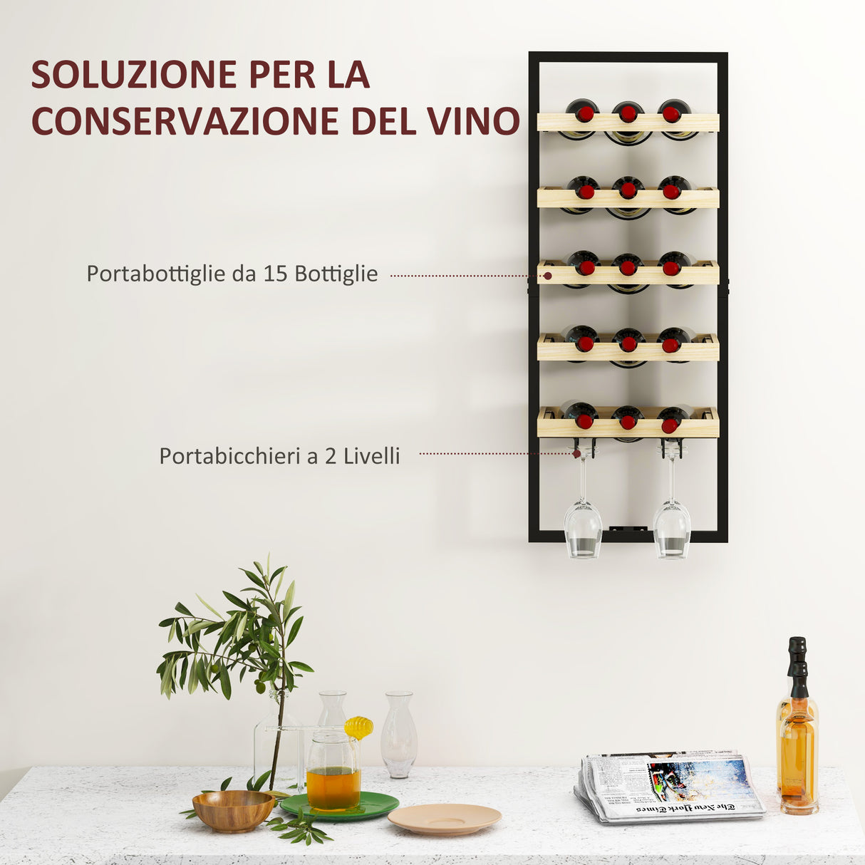 easycomfort easycomfort portabottiglie da parete in legno e acciaio per 15 bottiglie di vino e 4 calici 35x25x86cm