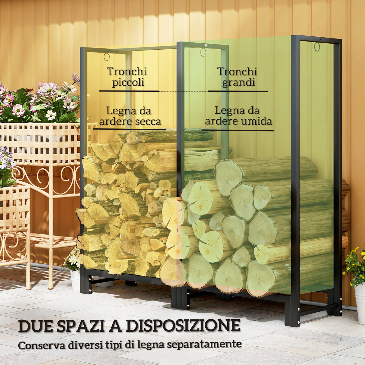 easycomfort easycomfort portalegna per camino a 2 sezioni in acciaio con 6 gambe e 3 anelli 123x32x115 cm nero