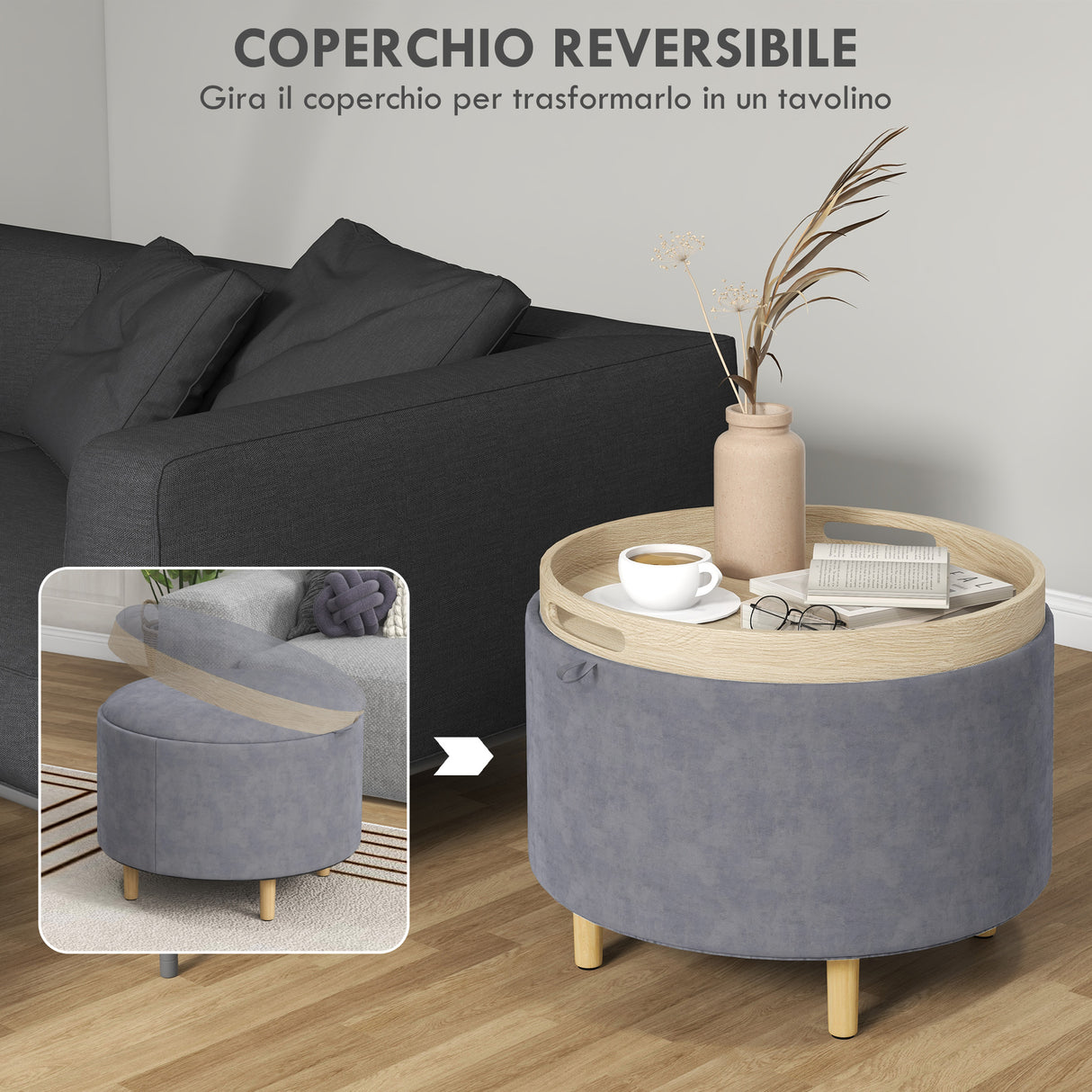 easycomfort easycomfort pouf contenitore vellutato da 120 kg max con vassoio a ribalta in mdf e rovere 56x56x42 cm grigio