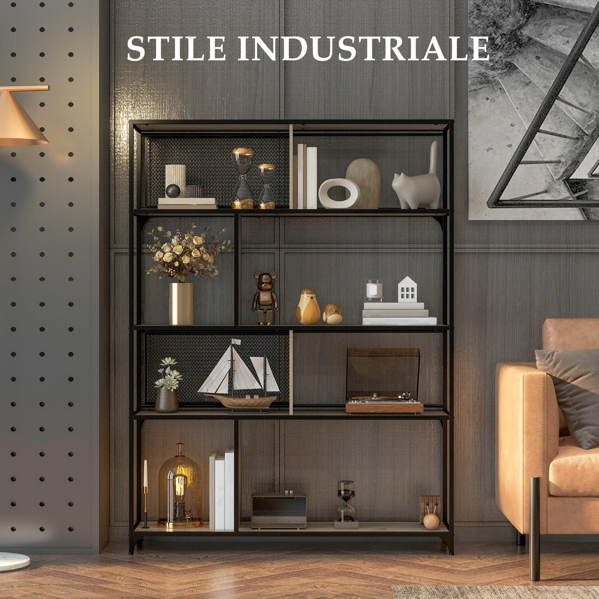 easycomfort easycomfort scaffale libreria industriale a 5 livelli con porta metallica in legno e acciaio 120x30x161 cm nero e grigio