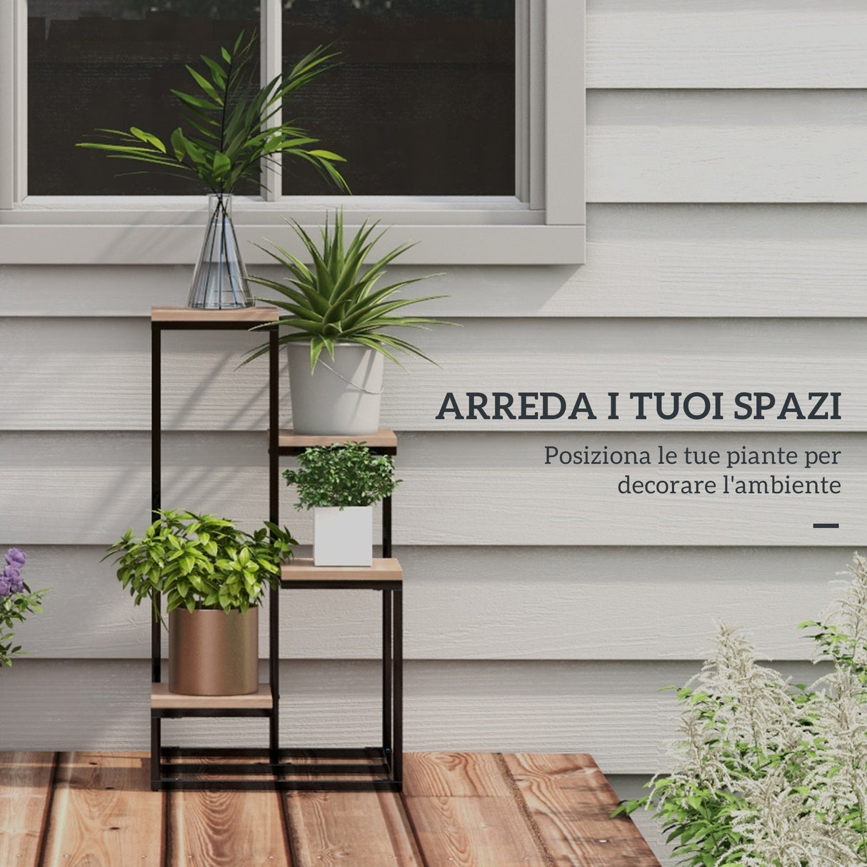 easycomfort easycomfort scaffale per piante a 4 livelli in acciaio e legno 40x40x75 5 cm marrone e nero