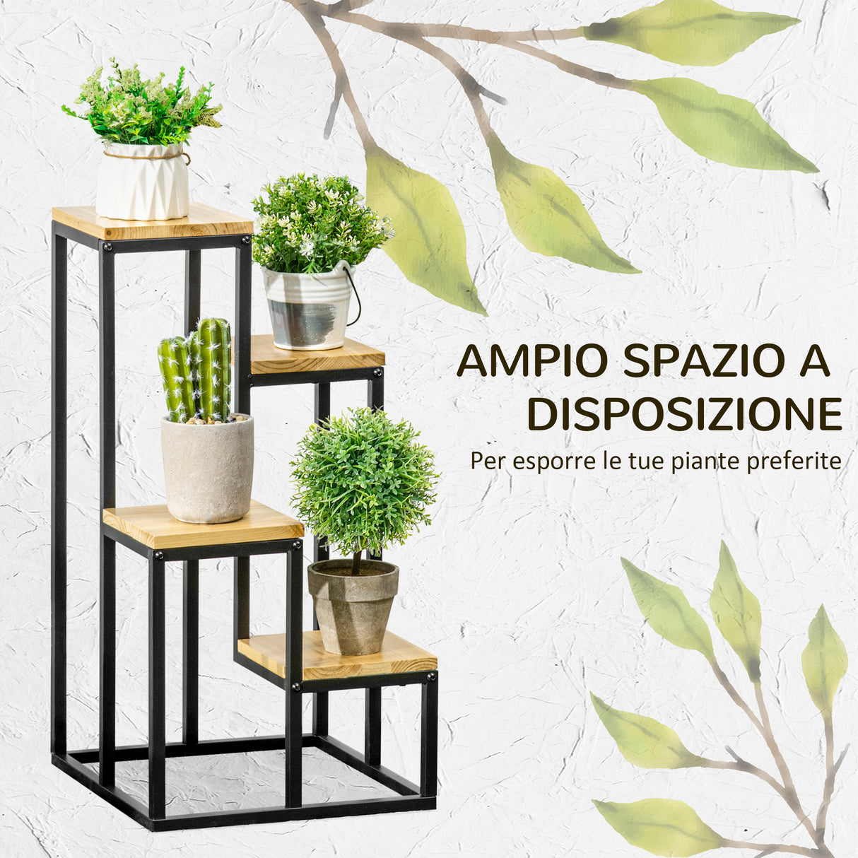 easycomfort easycomfort scaffale per piante a 4 livelli in metallo e legno per interni ed esterni 34x34x66cm