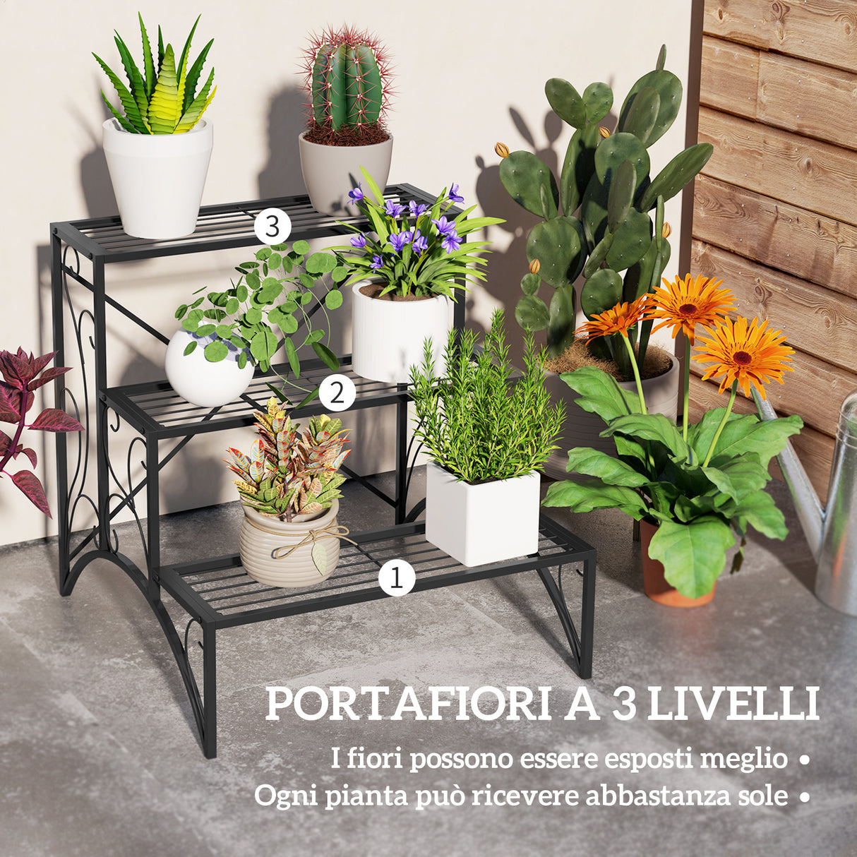 easycomfort easycomfort scaffale porta piante a 3 livelli a scaletta per interno ed esterno in metallo 60x60x60 cm nero