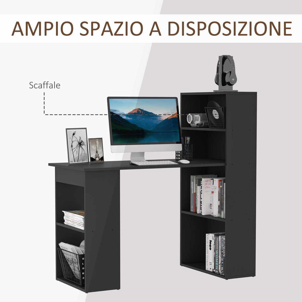 easycomfort easycomfort scrivania pc in legno con 6 ripiani portaoggetti laterali 120x55x120 cm nero