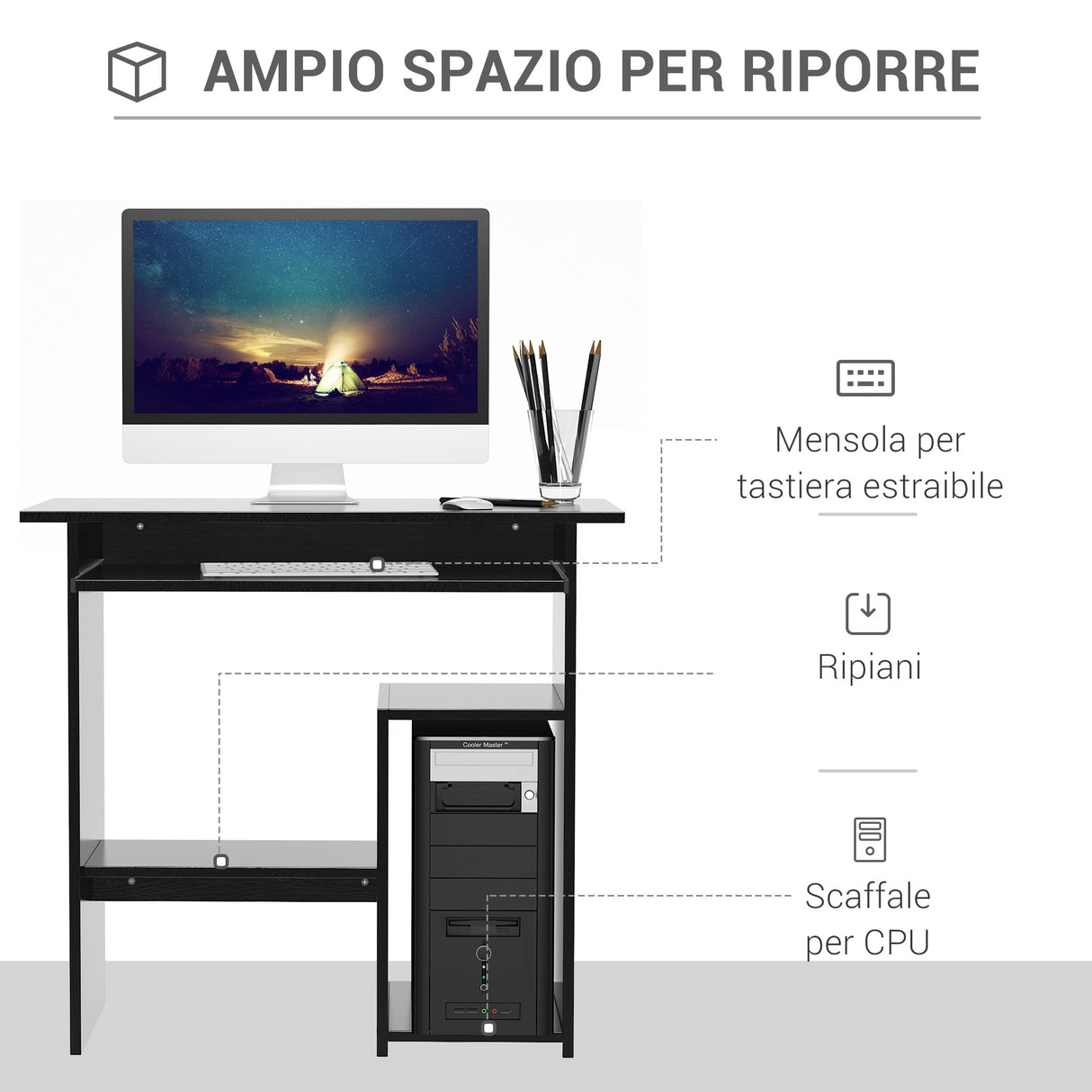 easycomfort easycomfort scrivania pc moderna in legno con ripiano per cpu e spazio per tastiera estraibile 80x45x75 cm nero