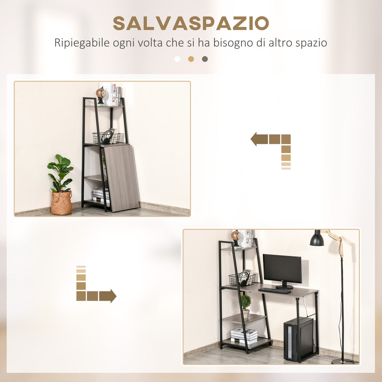 easycomfort easycomfort scrivania pieghevole con libreria salvaspazio a 4 livelli in metallo nero e legno grigio 106x48x128cm