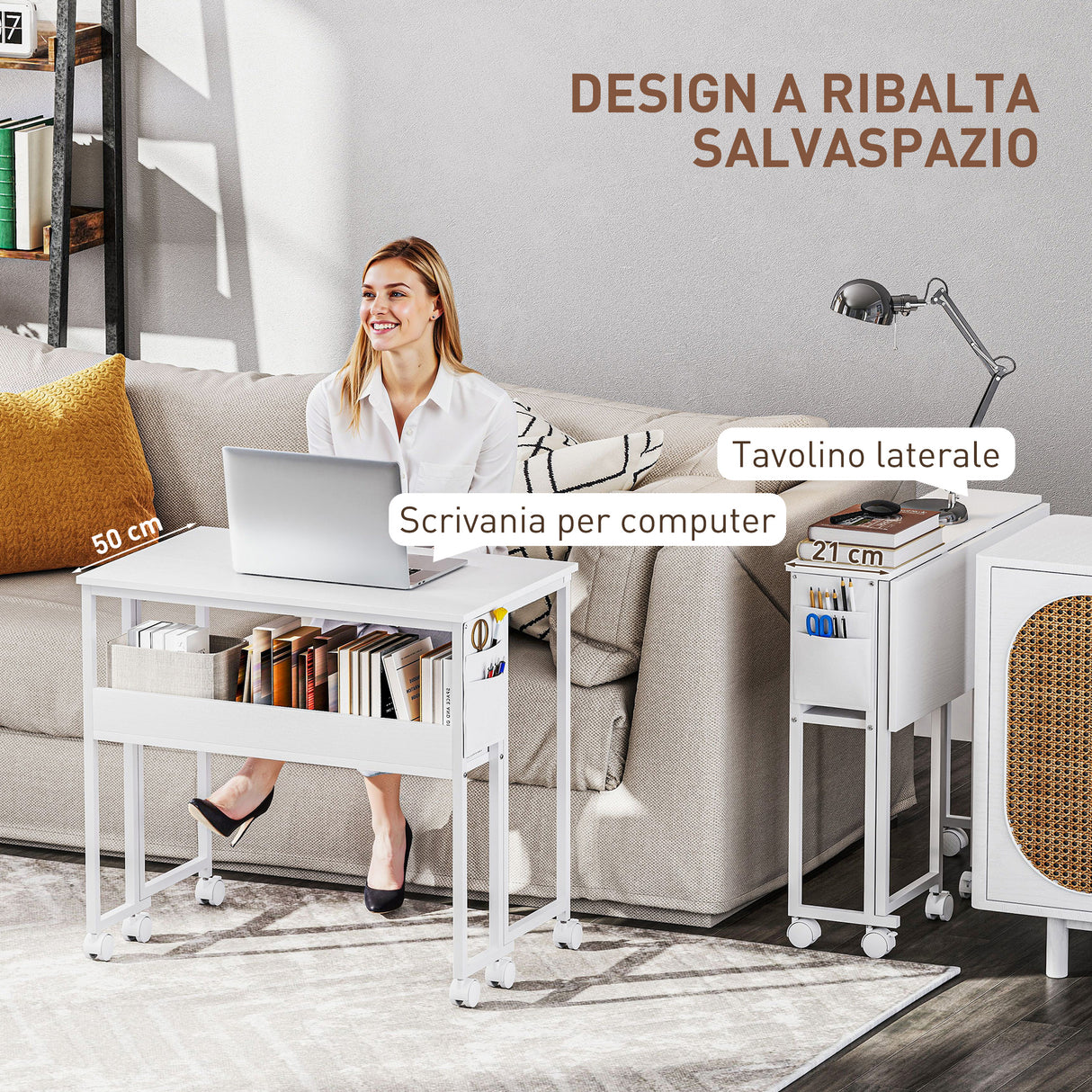 easycomfort easycomfort scrivania pieghevole salvaspazio a ribalta con scaffale tasca portaoggetti e ruote bianco