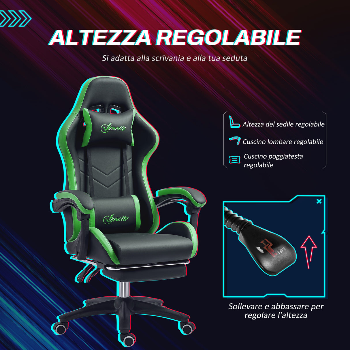 easycomfort easycomfort sedia da gaming con altezza regolabile e schienale reclinabile 65x65x121 129 cm nero e verde