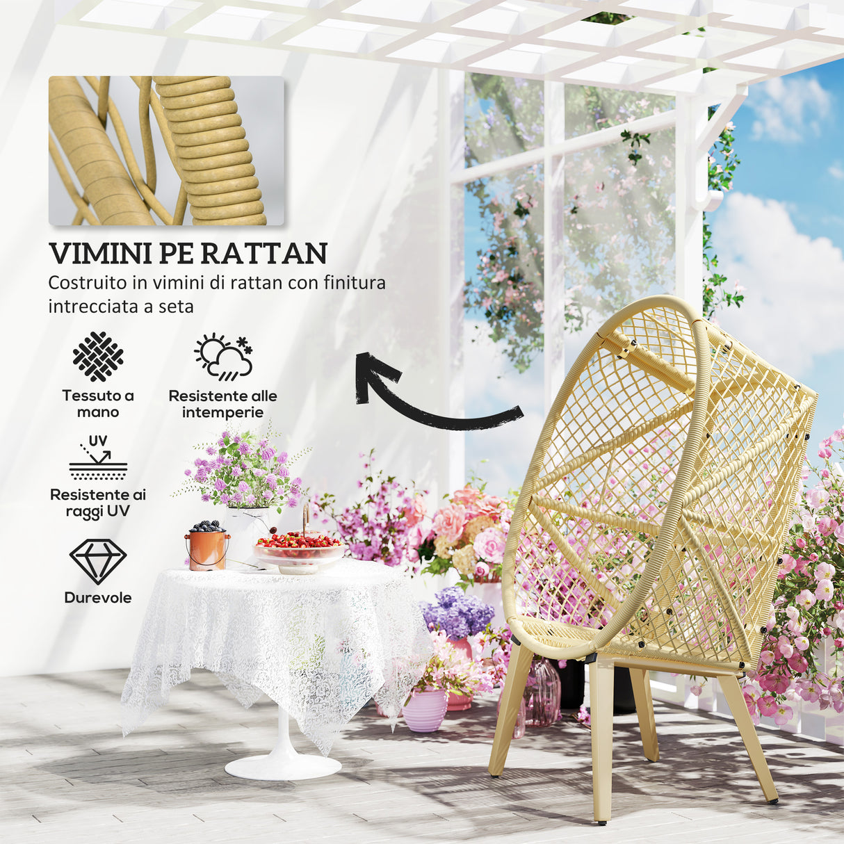 easycomfort easycomfort sedia da giardino a uovo in rattan pe e acciaio con seduta imbottita e poggiatesta 88x85x143 cm