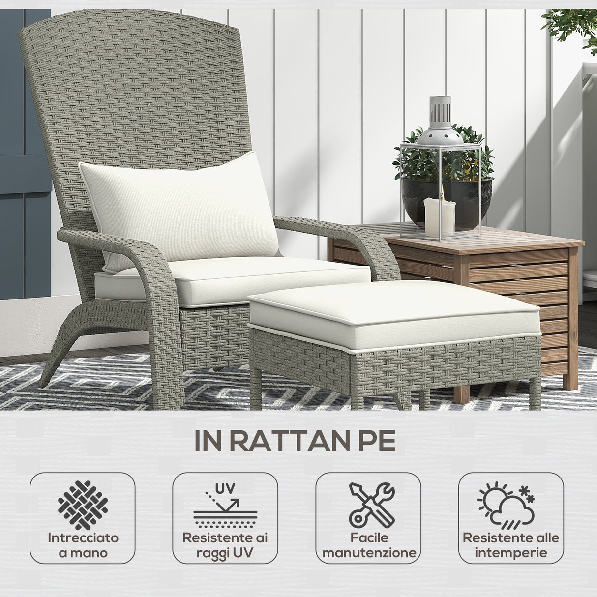 easycomfort easycomfort sedia da giardino con poggiapiedi e cuscini imbottiti in rattan e acciaio 64x82x89 cm grigio e crema