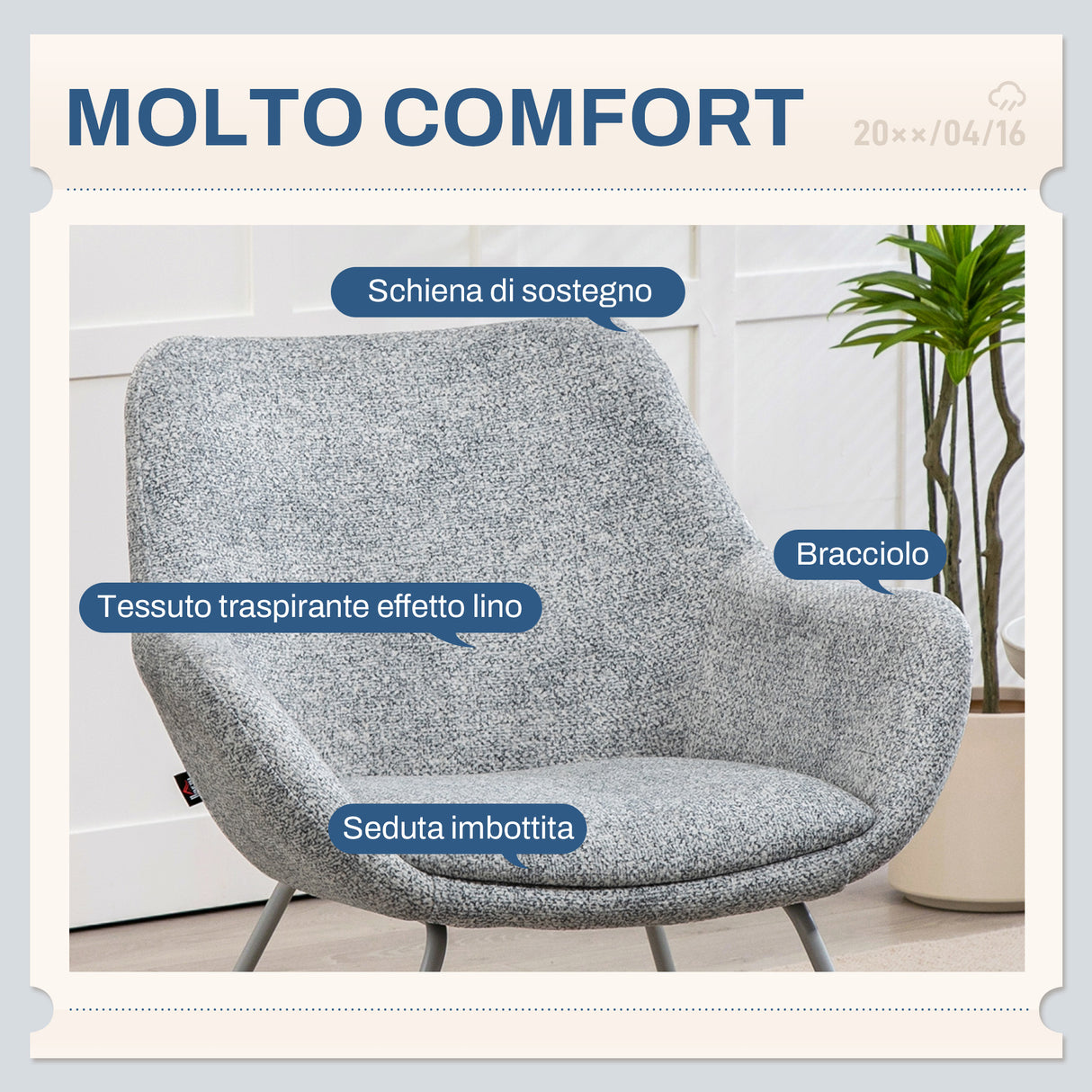 easycomfort easycomfort sedia moderna con braccioli e schienale imbottiti in tessuto effetto lino e acciaio 63x69x75 cm grigio