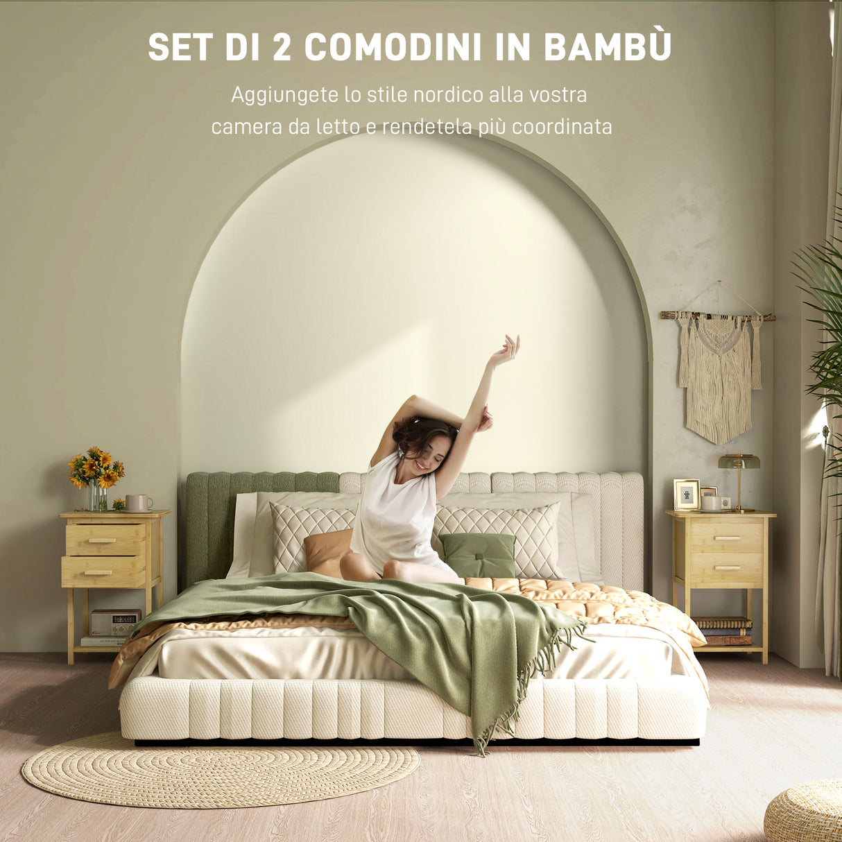 easycomfort easycomfort set 2 comodini con 2 cassetti e ripiano inferiore in stile nordico in bambu 40x34x60 cm