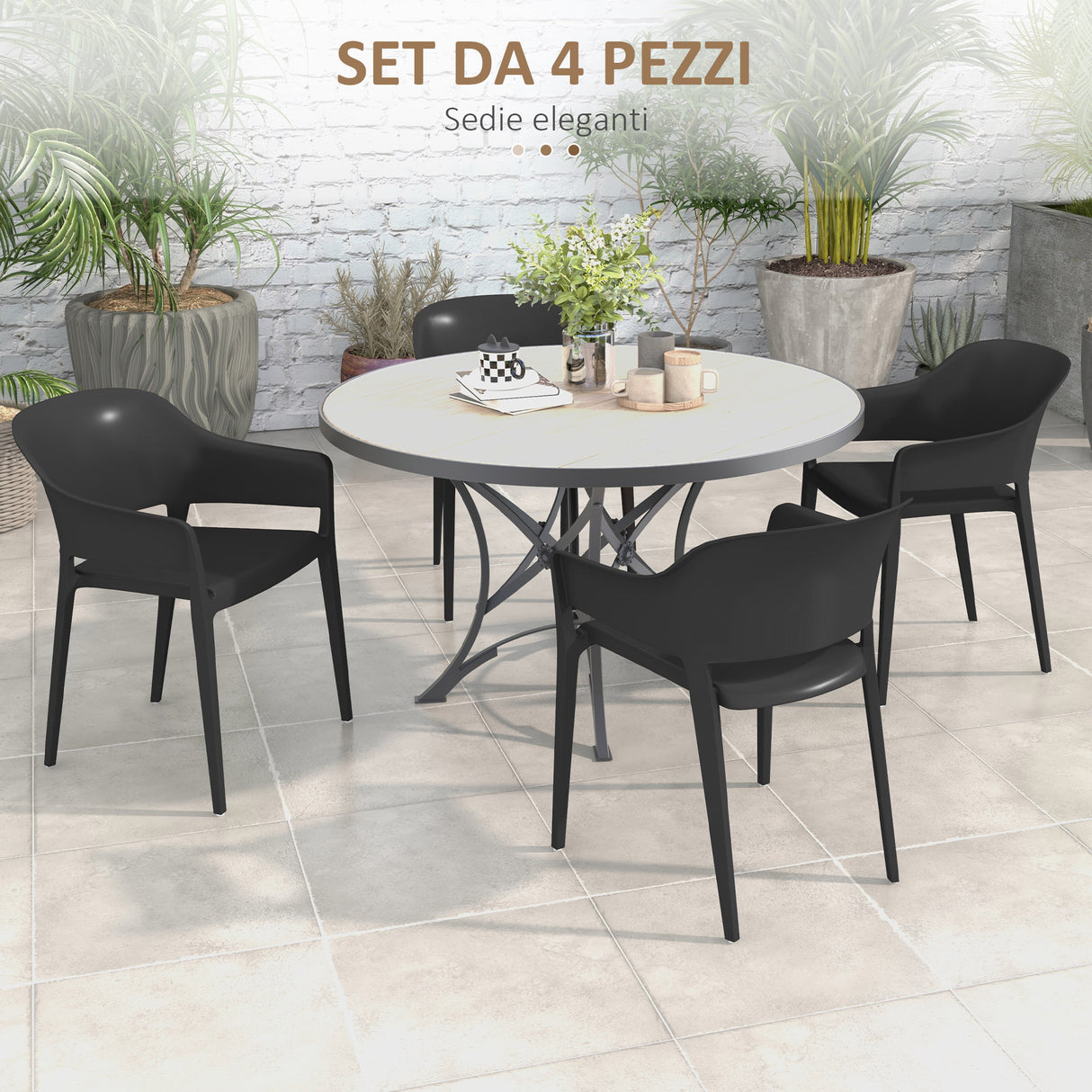 easycomfort easycomfort set 4 sedie da giardino in plastica impilabili con braccioli e schienale alto in pp nero