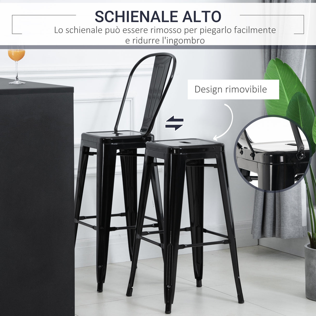 easycomfort easycomfort set 4 sgabelli da bar impilabile sedie alti da cucina in metallo con schienale rimovibile design industriale con poggiapiedi 44x49x116cm nero ean 8055776913988
