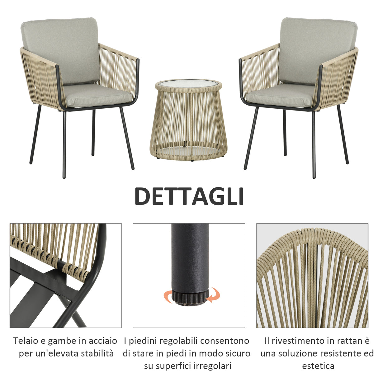 easycomfort easycomfort set da esterno con tavolino in vetro e 2 sedie da giardino in rattan stile boho caffe