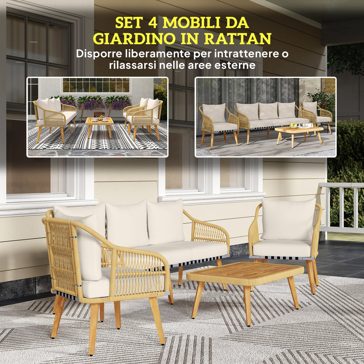 easycomfort easycomfort set da giardino 4 pezzi con divano 3 posti 2 poltrone e tavolino basso in rattan pe e acciaio multicolore