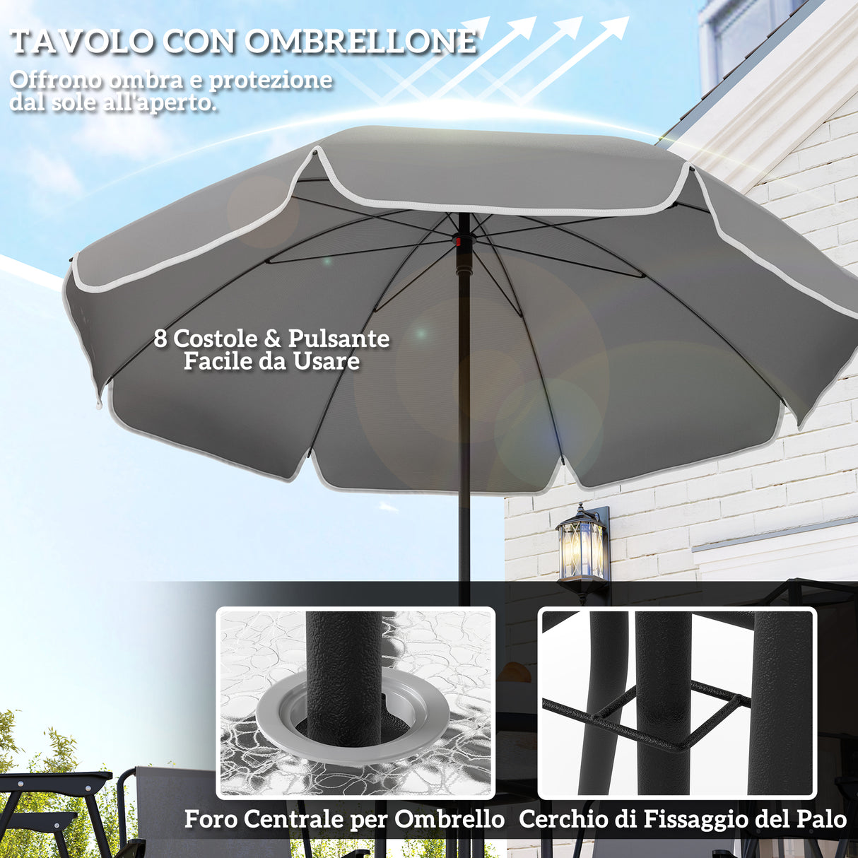 easycomfort easycomfort set da giardino 6 pezzi in acciaio con 4 sedie pieghevoli ombrellone e tavolo rotondo grigio e nero