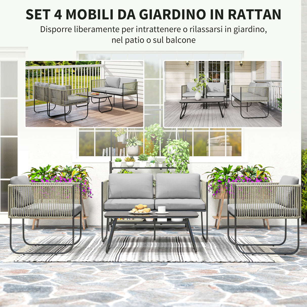 easycomfort easycomfort set da giardino rattan con divanetto 2 posti 2 poltrone e tavolino in vetro cuscini sfoderabili grigio