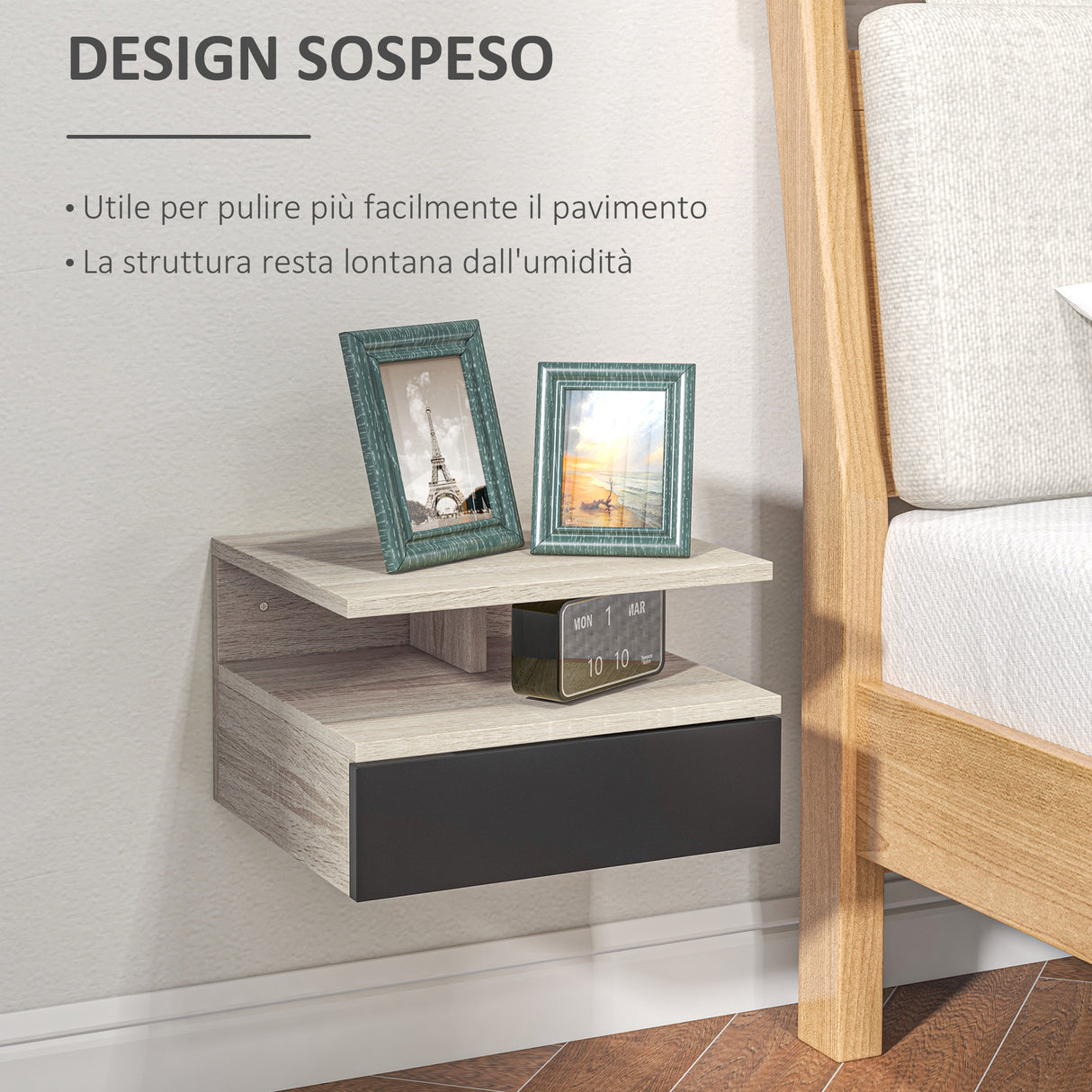 easycomfort easycomfort set di 2 comodini sospesi moderni con cassetto e mensola superiore 35x32x22 5cm rovere e nero