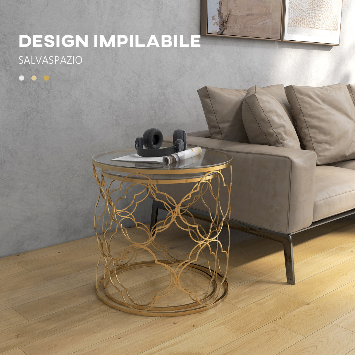 easycomfort easycomfort set di 2 tavolini da salotto impilabili art deco in metallo con piano in vetro oro