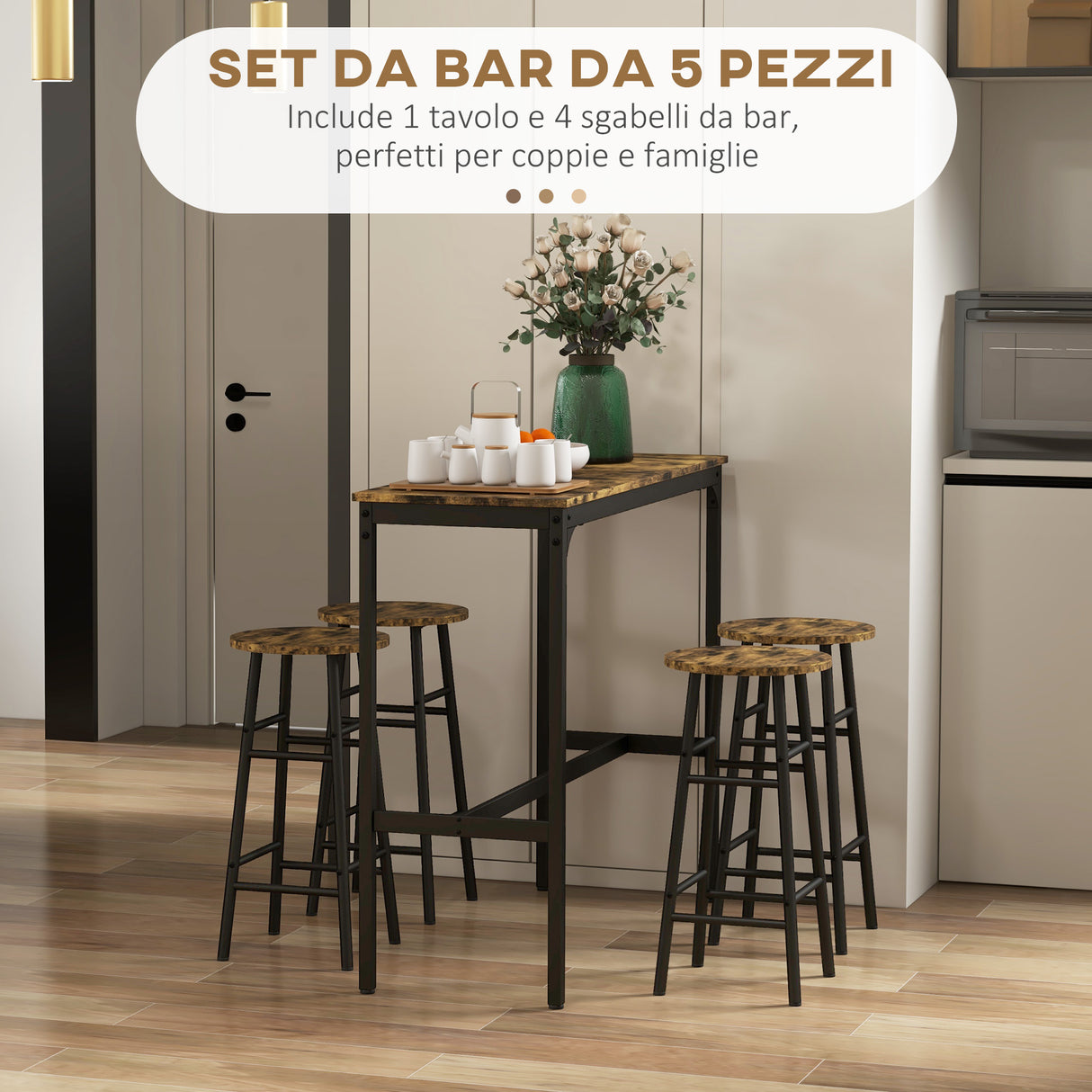 easycomfort easycomfort set tavolo e sedie 5 pezzi con 4 sgabelli con poggiapiedi e tavolo rettangolare nero e marrone
