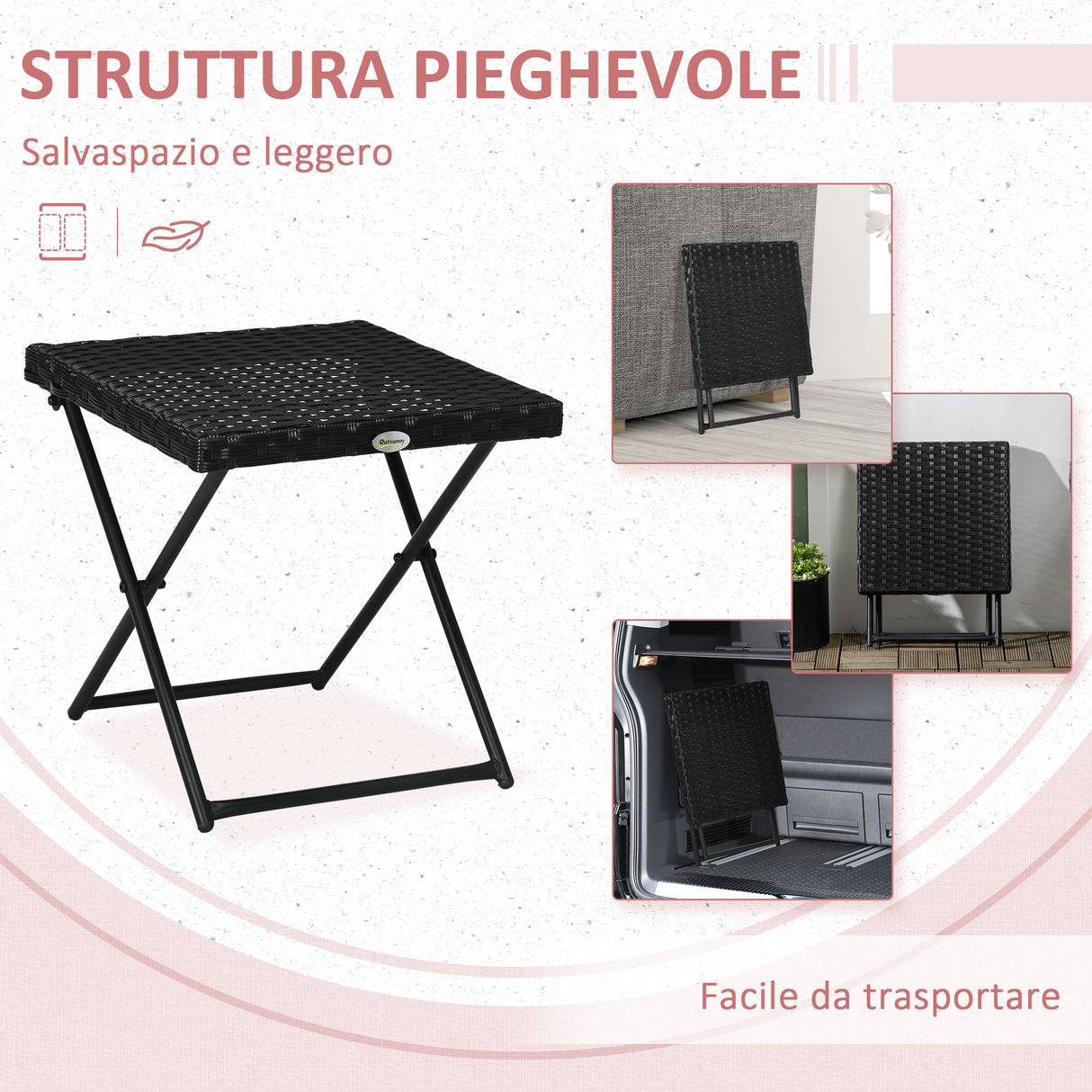 easycomfort easycomfort tavolino da giardino pieghevole salvaspazio in rattan sintetico e acciaio 40x40x40cm nero