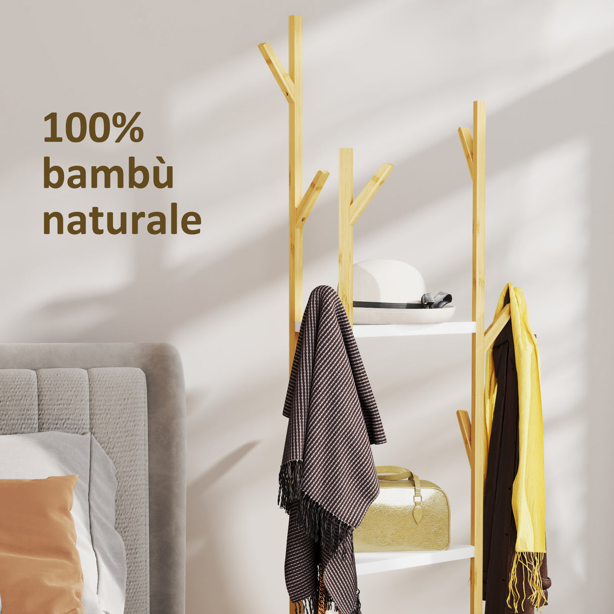easycomfort easycomfort albero appendiabiti da terra in bambu con 9 ganci e 3 ripiani legno naturale e bianco