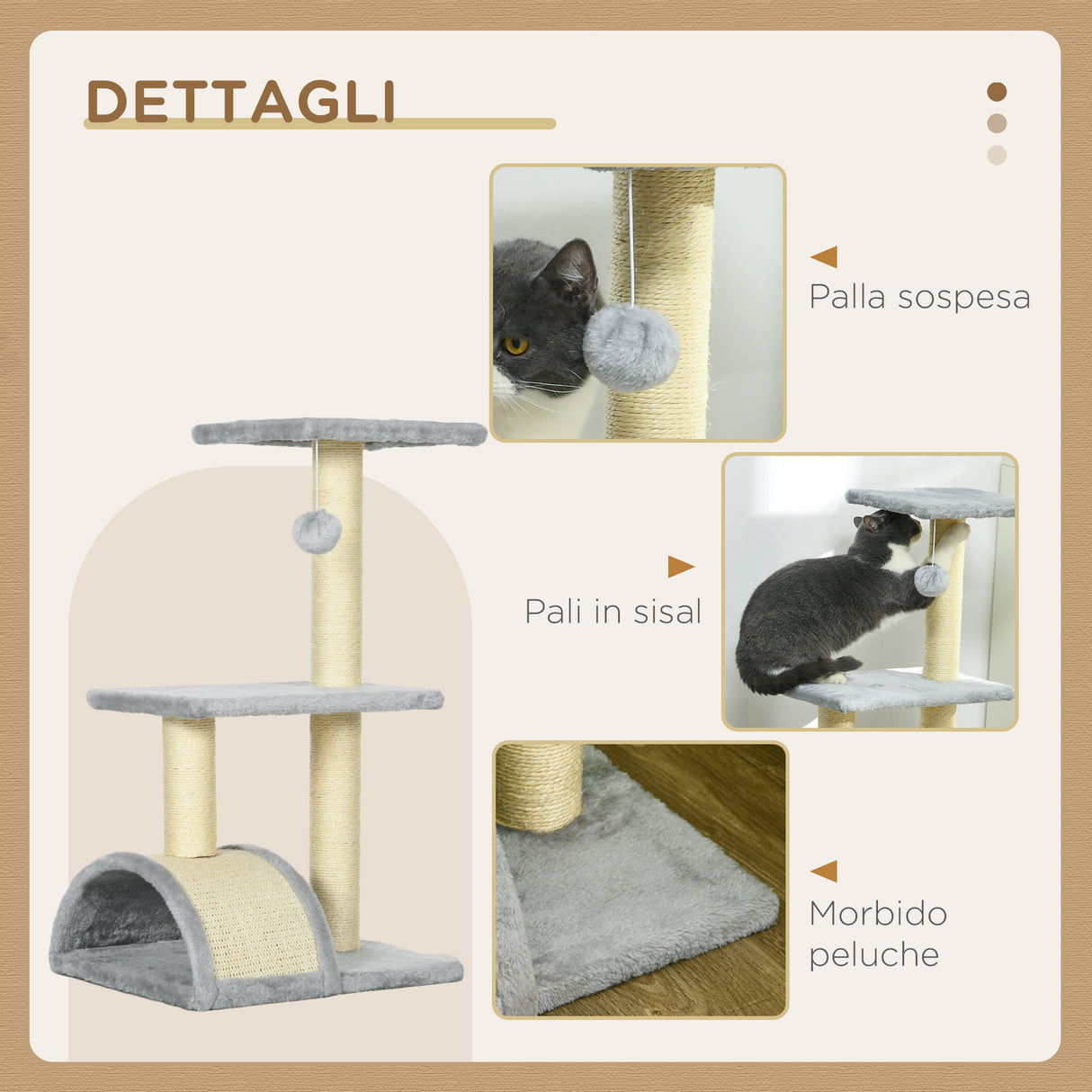 easycomfort easycomfort albero per gatti a 3 livelli con tiragraffi peluche e sisal 40x35x72 cm grigio chiaro