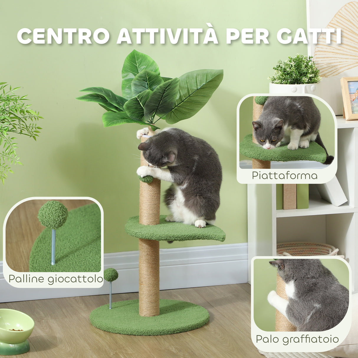 easycomfort easycomfort albero per gatti con palo tiragraffi piattaforme e palline in peluche e truciolato 40x83 cm verde