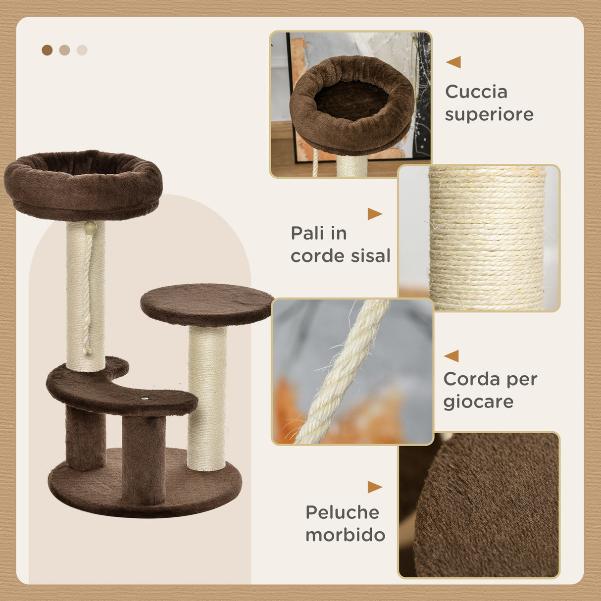 easycomfort easycomfort albero tiragraffi per gatti a 3 livelli con lettino in peluche e pali in sisal 40x65 cm marrone
