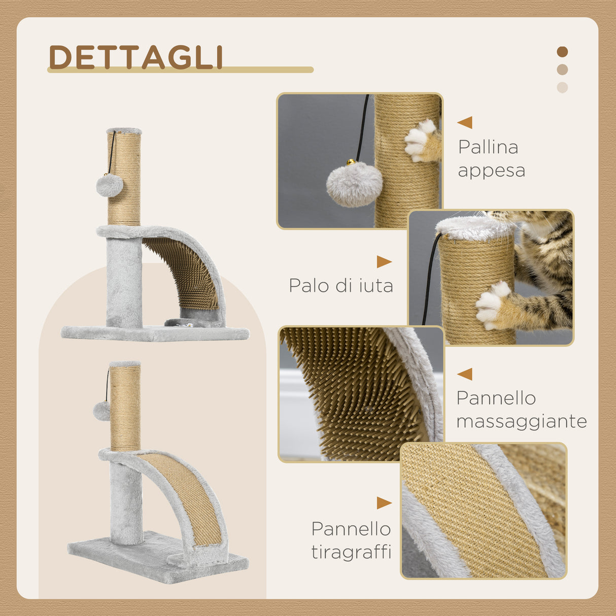 easycomfort easycomfort albero tiragraffi per gatti con arco massaggiatore palo in iuta e pallina in peluche 34x24x43 cm grigio