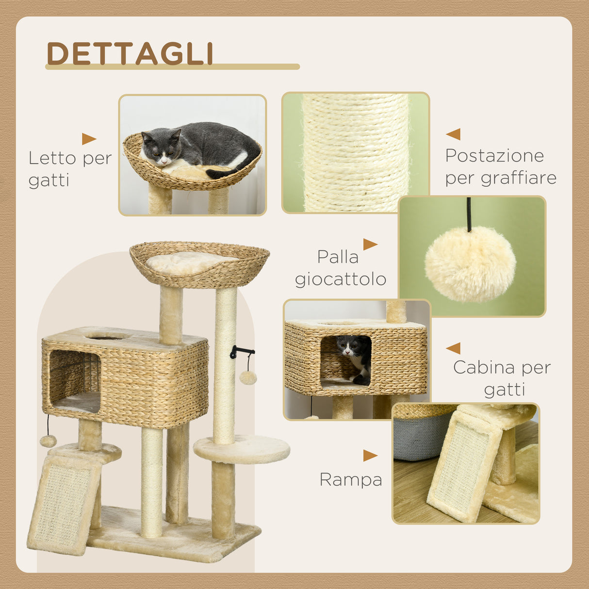 easycomfort easycomfort albero tiragraffi per gatti con casetta trespolo e pallina in legno e poliestere 60x40x95 cm marrone e beige