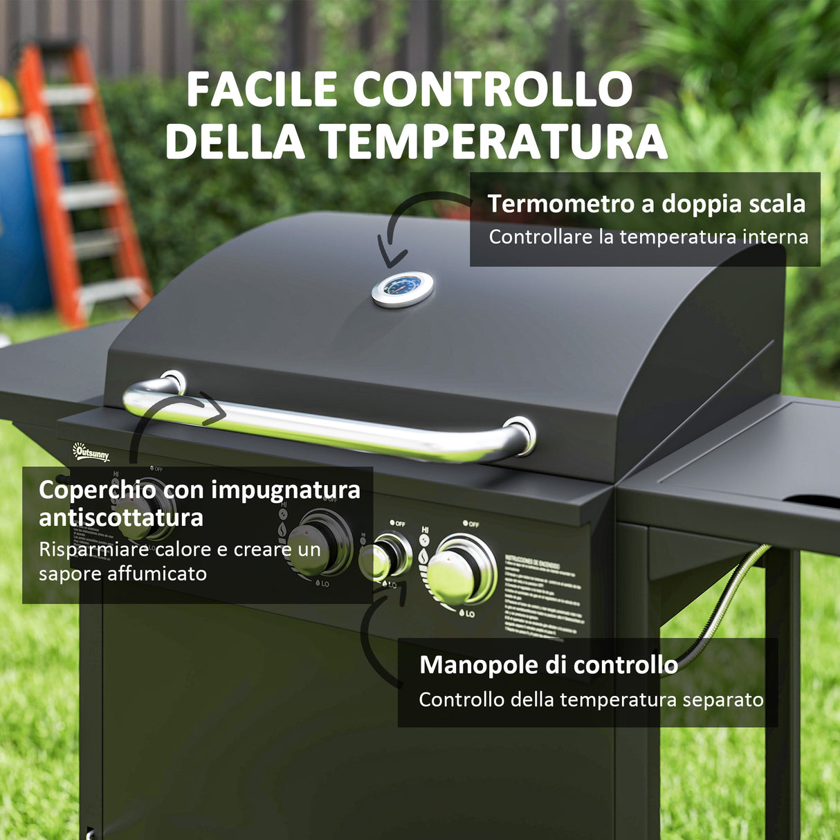 easycomfort easycomfort barbecue a gas con bruciatori indipendenti coperchio con termometro e tavolino laterale nero